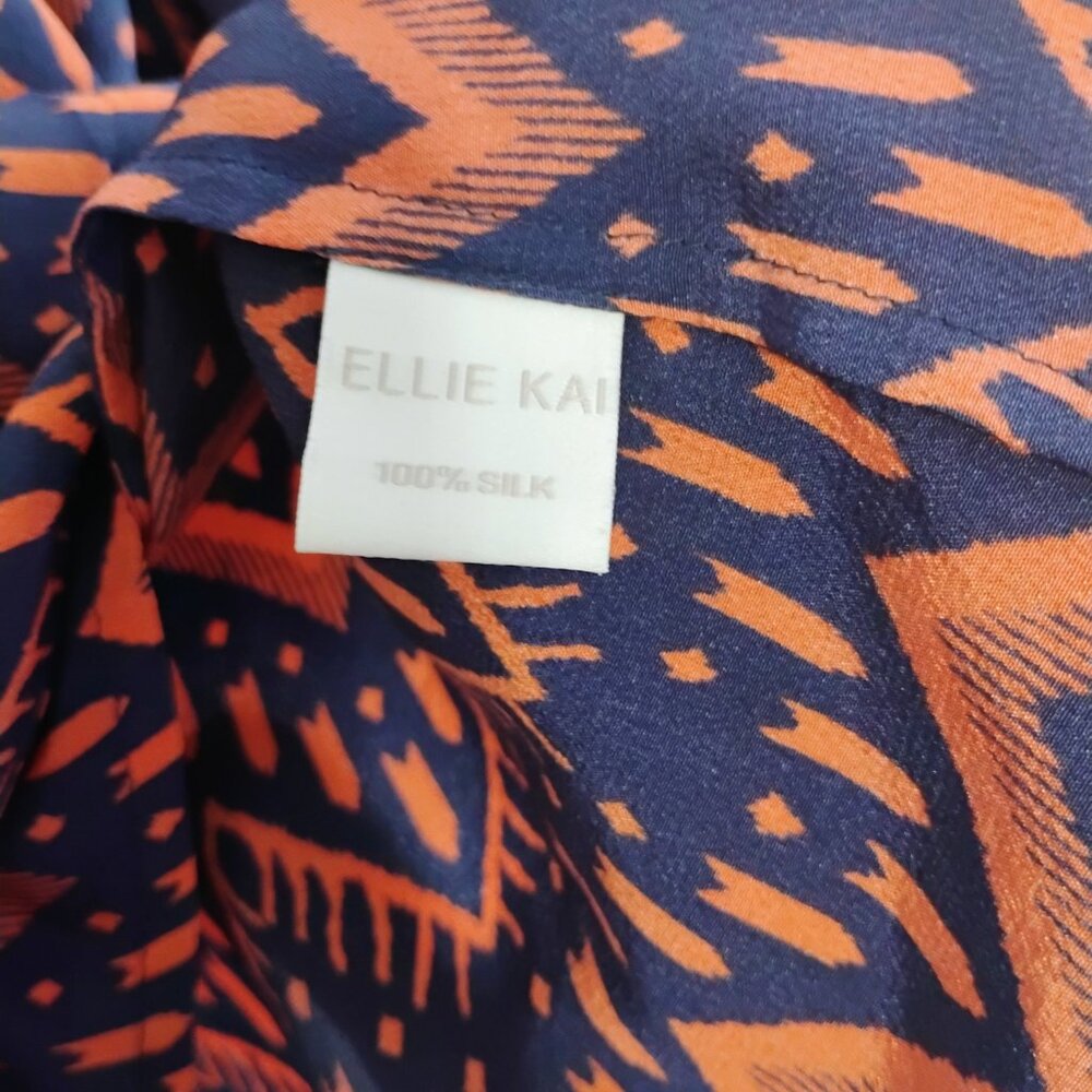 Ellie Kai Silk Blouse Sz 4 Orange Navy Printed Long Sleeve Flowy Top - Picture 3 of 4